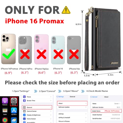 for iPhone 16 Pro Max Wallet Case, Detachable Magnetic Shockproof Phone Case,Faux Leather Crossbody Wallet,with RFID Blocking，Zipper Card Holder，Shoulder Strap (Black) - color: Black, size: iPhone 16 Pro Max