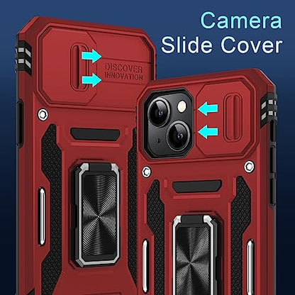 DEERLAMN Case for iPhone 13/iPhone 14 6.1-Inch with Slide Camera Cover+Screen Protector(2 Packs),Rotated Ring Kickstand Military Grade Shockproof Protective Cover-Red - color: Red