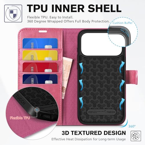 TUCCH Wallet Case for iPhone 17 Pro Max (6.9") 2025, Flip Stand, Hot Pink | RFID Blocking, 4 Card Holders, Kickstand, PU Leather, Shockproof TPU Shell, Magnetic Closure, Protective Folio Cover - color: Hot Pink
