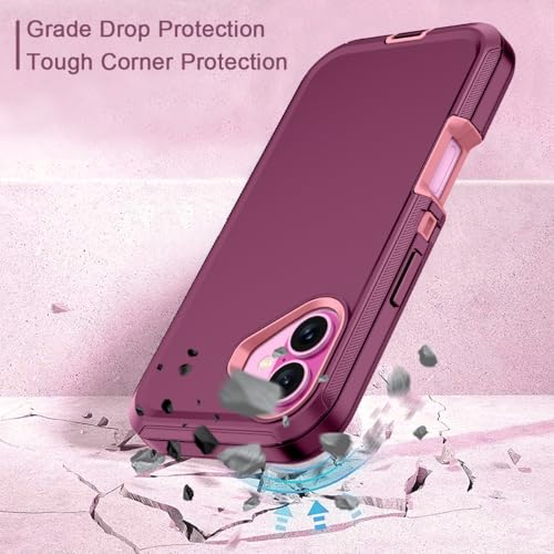 for iPhone 16 Case Heavy Duty Protective Shockproof Dropproof 3-Layer Full Body Protection [Without Screen Protector] Tough Rugged Cover for Apple iPhone 16 6.1 inch 2024,Purple/Pink - color: Purple/Pink