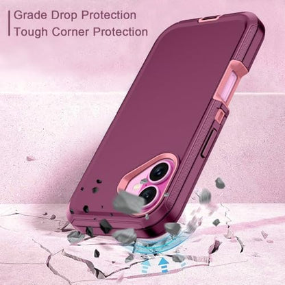 for iPhone 16 Case Heavy Duty Protective Shockproof Dropproof 3-Layer Full Body Protection [Without Screen Protector] Tough Rugged Cover for Apple iPhone 16 6.1 inch 2024,Purple/Pink - color: Purple/Pink