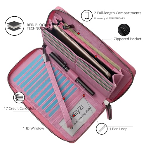 Bveyzi Women RFID Blocking Wallet Leather Zip Around Phone Clutch Large Capacity Ladies Travel Purse Wristlet - color: Vegan Pink