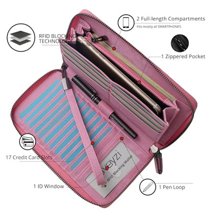Bveyzi Women RFID Blocking Wallet Leather Zip Around Phone Clutch Large Capacity Ladies Travel Purse Wristlet - color: Vegan Pink