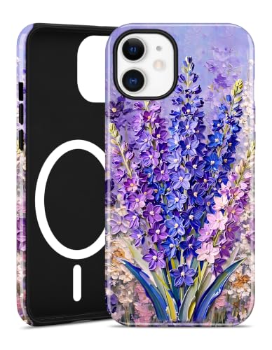 Jusy Magnetic Floral Phone Case for iPhone 14 Pro,Lavender | Compatible with MagSafe, Cute Aesthetic Striped Design, TPU and PC Protective Shockproof Cover - color: Lavender