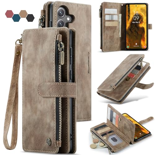 Samsung Galaxy S24 FE 5G Wallet Case with Card Holder Kickstand Magnetic Zipper Pocket Lanyard Strap Wristlet,Leather Flip Case Wallet for Samsung Galaxy S24 FE 6.7 Inch(Brown) - color: Brown, size: S24 FE 5G 6.7 Inch
