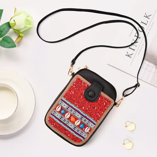 Women's Small Crossbody Cell Phone Bag, Boho Colorful Beaded Purse Wallet with Handmade Cute Patterns - color: Red