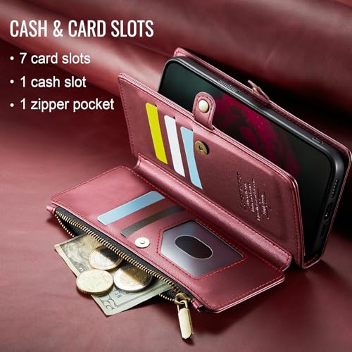Defencase for iPhone 13 Pro Wallet Case with RFID Card Holder, Wine Red | Durable Soft PU Leather, with Zipper Pocket, Wrist Strap, Fashion Snap Flip Phone Cases Cover with Stand for Women and Men - color: Wine Red