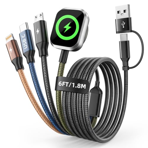 Travel Essentials 4in2 Multi Charging Cable for iPhone Watch Charger, 6FT - color: Black&Blue&Green&Coffee, size: AC to 2C+L+iWatch