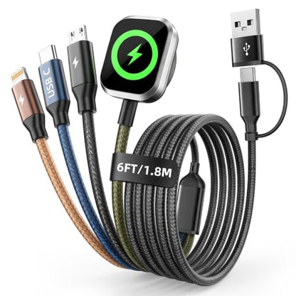 Travel Essentials 4in2 Multi Charging Cable for iPhone Watch Charger, 6FT - color: Black&Blue&Green&Coffee, size: AC to 2C+L+iWatch