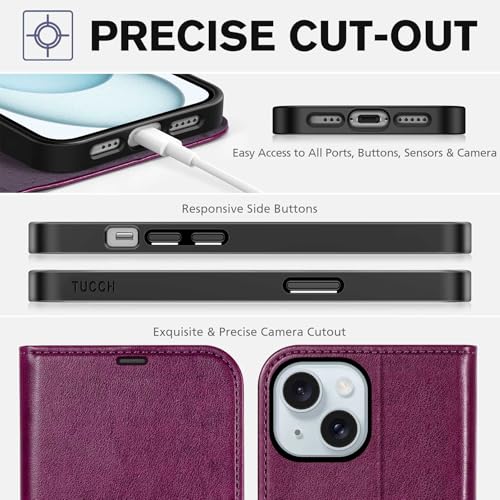 TUCCH Wallet Case for iPhone 15 (6.1") 2023, 4 Card Slots, Plum Purple | RFID Blocking, Viewing Stand, Shockproof TPU Shell, PU Leather, Magnetic Closure, Protective Folio Flip Cover - color: Plum Purple