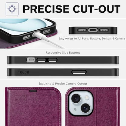 TUCCH Wallet Case for iPhone 15 (6.1") 2023, 4 Card Slots, Plum Purple | RFID Blocking, Viewing Stand, Shockproof TPU Shell, PU Leather, Magnetic Closure, Protective Folio Flip Cover - color: Plum Purple