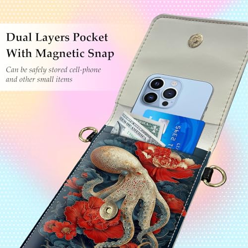 Small Crossbody Bags for Women Touchscreen Cell Phone Bag Cross Body Purses with adjustable Strap,Gifts For Teenage Girls - color: Red Flower & Squid