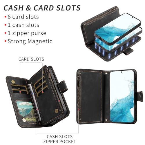 Asuwish Phone Case for Samsung Galaxy S22 5G Zipper Wallet Detachable Magnetic Cover with Tempered Glass Screen Protector Crossbody Lanyard Strap Card Holder S 22 22S 4G G5 6.1 inch Women Girls Black - color: Black