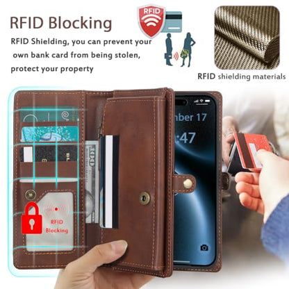 for Wallet Case Compatible with iPhone 15,Multi-Function Detachable 2 in 1 Magnetic iPhone 15 Wallet,Flip Strap Zipper Card Holder Phone Case with Shoulder Straps(Brown) - color: Brown, size: iPhone 15