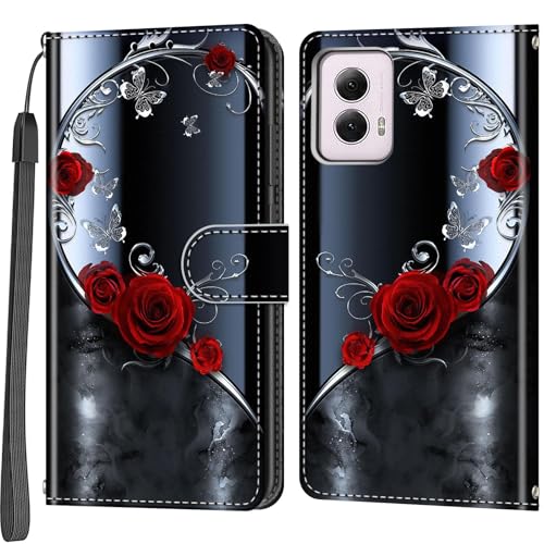 Case Wallet for Motorola Moto G Power 5G 2024, Rose Butterfly | Kickstand, 3 Card Holder, Shockproof TPU Interior Shell, PU Leather, Magnetic Flip Cover, Lanyard Strap - color: Pic:01