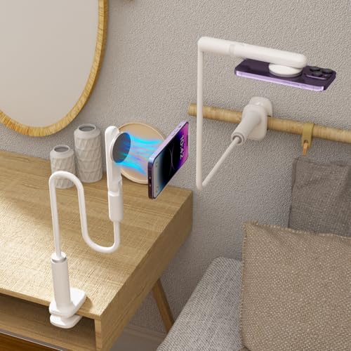 LA-5 90cm/35 Inch Magnetic Phone Holder Gooseneck Arm Mount for Bed & Desk, 360° Rotating Overhead Stand Compatible with iPhone 17/16/15/14 Pro Max, Great for Streaming & Zoom (White)