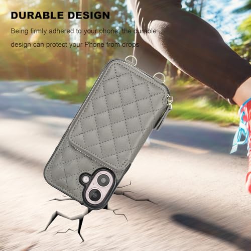 Bocasal Crossbody Wallet Case Card Holder for iPhone 16, Grey | RFID Blocking PU Leather Zipper Handbag Purse, Kickstand Flip Folio Case with Card Slots Holder Wrist Strap Lanyard 6.1 Inch - color: Gray