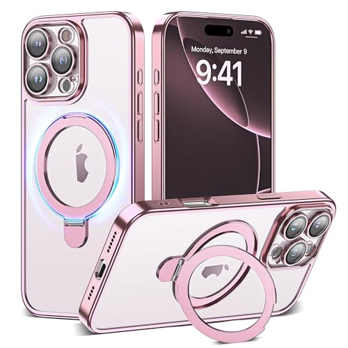 Compatible with iPhone 16 Pro Case with Magnetic Ring Stand [Camera Len Protectors][Compatible with Mag-Safe] Clear Plating Phone Case for iPhone 16 Pro 6.3",Rose Gold - color: Rose Gold, size: iPhone 16 Pro