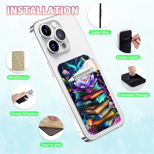 Phone Credit Card Holder Stick on, Phone Case Wallet, Cell Phone Pocket Self Adhesive Stretchy Lycra Stick on Wallet ID Credit Card Case Pouch Sleeve for All Smartphones, Book Lotus - color: Phone Case Wallet-609