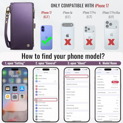 Defencase for iPhone 17 Wallet Case with RFID Blocking Card Holder, Purple | Durable Soft PU Leather, with Zipper Pocket, Wrist Strap, Fashion Snap Flip Phone Cases Cover with Stand for Women and Men - color: Purple