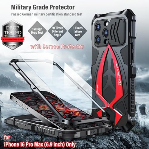 Armor Phone Case for iPhone 16 Pro Max Military Grade Cover 360 Full Protection Heavy Duty Hybrid Metal Bumper Built-in Silicone Shockproof with Screen Protector - Black | Armor Heavy Duty, Full Body Cover, Aluminium Bumper, Built-in Silicone Shockproof D