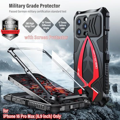 Armor Phone Case for iPhone 16 Pro Max Military Grade Cover 360 Full Protection Heavy Duty Hybrid Metal Bumper Built-in Silicone Shockproof with Screen Protector - Black | Armor Heavy Duty, Full Body Cover, Aluminium Bumper, Built-in Silicone Shockproof D