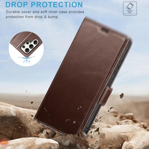 KEZiHOME Genuine Leather Wallet Case for Samsung Galaxy S26 Ultra Brown | Brown, RFID Blocking Card Holder, Kickstand, Magnetic Protective Phone Folio Cover, Compatible with S26 Ultra - color: Brown, size: Galaxy S26 Ultra Case