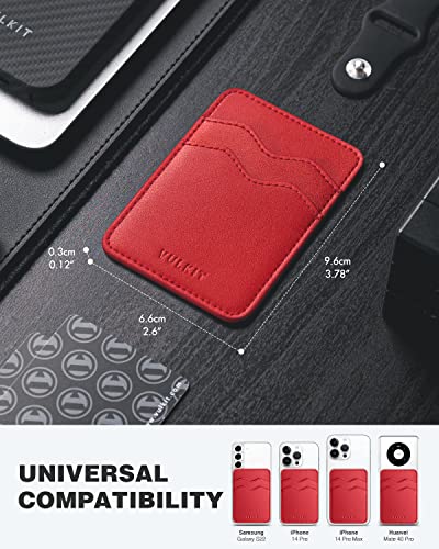 VULKIT Stick on Card Holder Compatible for iphone Leather Cell Phone Wallet Credit Card Case Strong Sticker for Women - color: Red