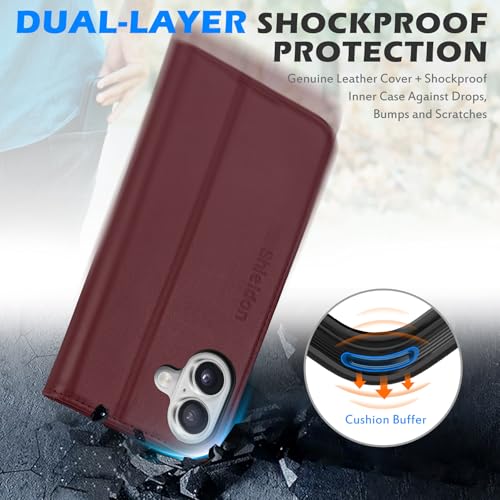 SHIELDON Genuine Leather Flip Wallet Case for iPhone 17 6.3" 2025, Wine Red | RFID Blocking, Credit Card Holder, Magnetic Closure, Kickstand, Folio Design, Soft Shock-Absorbent Phone Cover - color: Wine Red