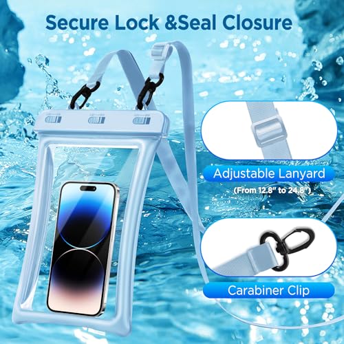 CACOE Floatable Waterproof Phone Pouch 2 Pack Up to 10.0",White+Light Blue | Floatable, IPX8 Waterproof Phone Case,Adjustable Lanyard,Dry Bags for Beach/Cruise/Travel/Camping/Kayak/Vacation Essentials - color: White+Light Blue, size: Up to 10.0"-Floatable