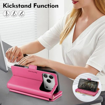 Antsturdy for iPhone 17 Pro Phone Wallet Case Women,Hot Pink | RFID Blocking,with Credit Card Holder Slots,PU Leather Purse,Zipper Pocket,Wrist Strap Kickstand,Flip Folio Cover for Men - color: Hot Pink