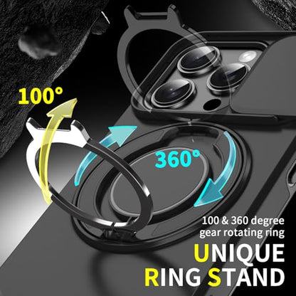 Rugged Shockproof Case for iPhone 17 Pro Max, Heavy Duty Protective Phone Case with Slide Camera Cover, 360° Rotatable Ring Stand & Magnetic Car Mount Compatible (Black,iPhone 17 Pro Max) - color: Black