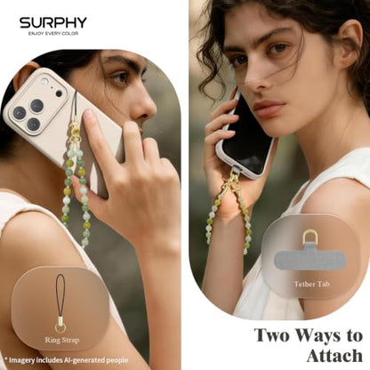 SURPHY Natural Stone Phone Charm, Beaded Phone Wrist Strap with Tether Tab - color: Serpentine Jade