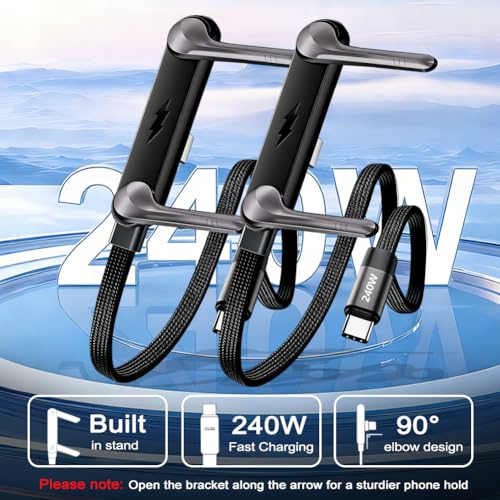 2PCS Sideways Phone Charger with 5PCS Silicone Cable Ties, 240W Invisible Stand Charging Cable with 360° Adjustable Metal Stand，Fast Charging Cord with Built-in Phone Stand for Smartphones Tablets