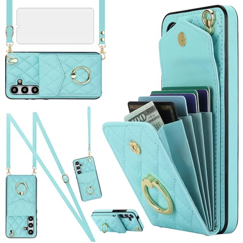 Asuwish Phone Case for Samsung Galaxy S24 5G Wallet Cover with Tempered Glass Screen Protector and Crossbody Wrist Strap Ring RFID Blocking Credit Card Holder Leather Cell S 24 24S G5 Women Girls Teal - color: Teal