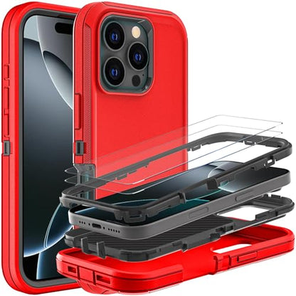 YKHJKLEC for iPhone 16 Pro Case, Military Grade 3 in 1 Heavy Duty Shockproof/Drop Proof/Dust Proof Case with 2Pcs Tempered Glass Screen Protector & 1Pcs Camera Lens Protector (Red/Black) - color: Red/Black