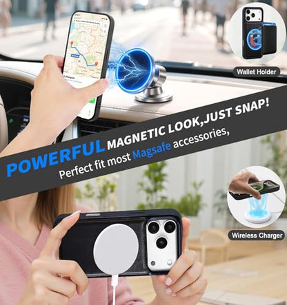 for iPhone 17 Pro Wallet Case, [Compatible with Magsafe] [Magnetic Detachable] [RFID Blocking] PU Leather Case with Card Holder & Crossbody Strap for Women Men, Black - color: Black