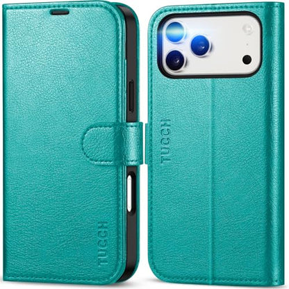 TUCCH Wallet Case for iPhone 17 Pro Max (6.9") 2025, 4 Card Slots, Cyan | RFID Blocking, Viewing Stand, Shockproof TPU Shell, PU Leather, Magnetic Closure, Protective Folio Flip Cover - color: Textured Cyan
