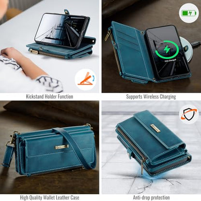 Wallet Case for iPhone 11 Pro Max – RFID Blocking PU Leather Phone Case with Card Holder, Zipper Pocket, Kickstand, Magnetic Closure, Shoulder & Wrist Strap, Blue Green - color: Blue Green, size: iPhone 11 Pro Max