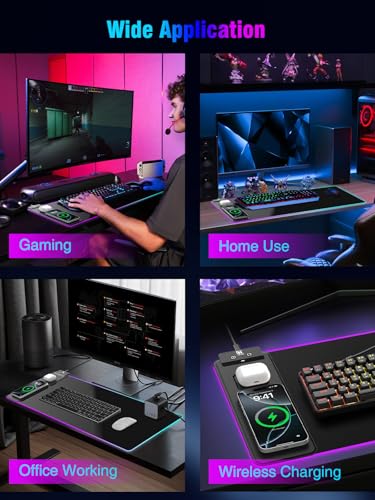 Mouse Pad with Magnetic Wireless Charging, Large Desk Pad Protector, RGB Black Mousepad Desk Mat with 15W Fast Charger, 4mm Thick Non-Slip, Waterproof Laptop Writing Pad for Office, Home, Gaming - color: Black Magnetic Charging 31.5x11.3"