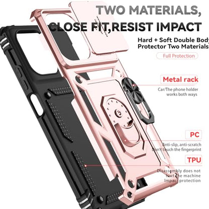 for Motorola Moto G 2025 / Moto G 2026 / Moto G Play 2026 Case, with Slide Camera Cover Screen Protector Ring Holder Kickstand Military Grade Protection Drop Tested Protective Phone Case (Rose Gold) - color: Rose Gold with camera cover Military-Grade 2nd