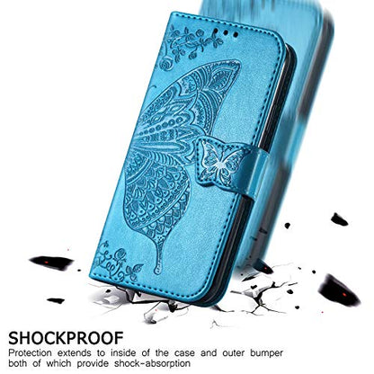 Wallet Case for Samsung Galaxy A03s with Card Holder Blue | PU Leather Flip Phone Cover,Wrist Strap,Woman Man Purse,Emboss Butterfly Flower,Stand,Shockproof TPU Shell, Magnetic Closure - color: B Blue