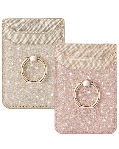 2Pcs RFID Phone Wallet Stick on Back of Phone Card Holder with Ring | Gold+Rosegold Glitter Sticky Phone Wallet for Credit Card/IDs/Pocket, Adhesive Phone Card Holder for iPhone, Videos - color: RoseGold Glittering