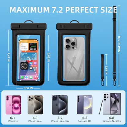 IPX8 Floating Waterproof Dry Bag 2-Pack, 7.2 Inch Waterproof Phone Pouch for iPhone 16/15/14 Pro Max Galaxy S24/S23 Adjustable Lanyard + wrist strap Beach Swimming Travel Essentials Black - color: Black