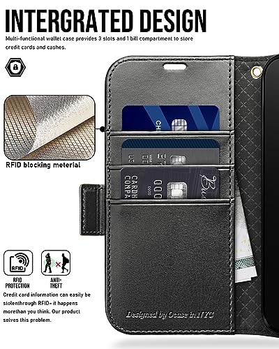 OCASE Compatible with iPhone 15 Wallet Case, PU Leather Flip Folio Case with Card Holders RFID Blocking Kickstand [Shockproof TPU Inner Shell] Phone Cover 6.1 Inch 2023, Retro Black - color: Retro Black