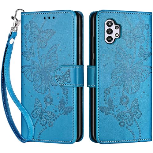 for Samsung Galaxy A32 5G Wallet case, Blue-Butterfly | 3 Card Holders, Kickstand, Shockproof TPU Shell, PU Leather, Magnetic Closure, Protective Flip Folio Cover, Women - color: 8