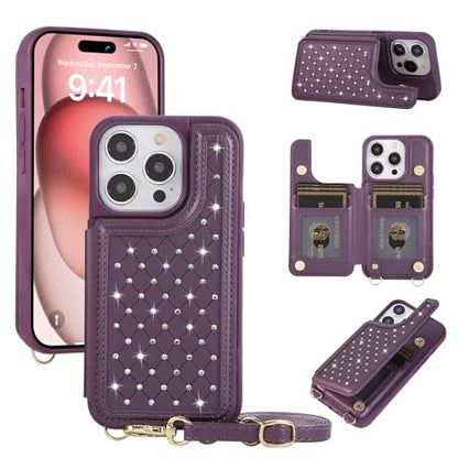 Crossbody Wallet Case for iPhone 12 Pro Max(6.7") with Detachable Strap - PU Leather Flip Folio with Card Slots & RFID Blocking, Sparkling Diamond Accents-Lavender - color: Lavender, size: iPhone 12 Pro Max(6.7")