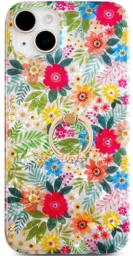 Qokey for iPhone 13/14 Case 6.1 inch,Flower Design Cute Clear for Women Girls with 360 Degree Rotating Ring Kickstand Soft TPU Shockproof Cover Blue Pink Floral - color: Blue Pink