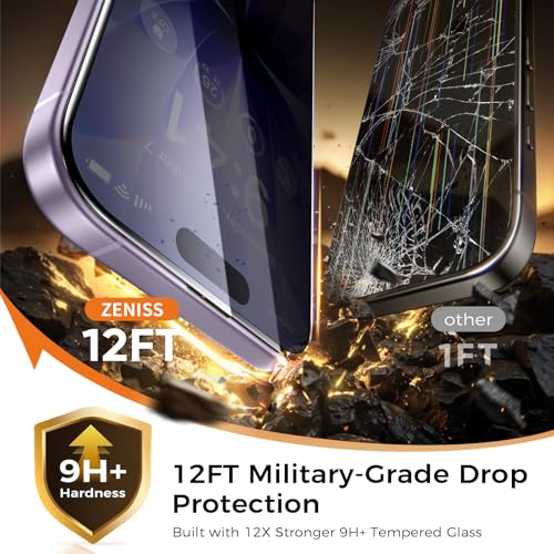 Zeniss NeverBreak 9H+ Hardness for iPhone 17 Privacy Screen Protector 12FT Military Grade Protection (Scratch, Shatter, Drop Resistance) Tempered Glass Full Coverage 6.3", 2 Pack with De-Bubble Card - size: iPhone 17
