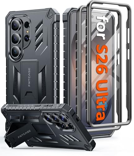 FNTCASE for Samsung Galaxy S26 Ultra Case with Built-in Screen Protector | Kickstand and 2 Front Frames, 20FT Military-Grade Drop Protection, Rugged Heavy Duty Shockproof TPU Protective Cover Black - color: Black, size: For Galaxy S26 Ultra 6.9 Inch